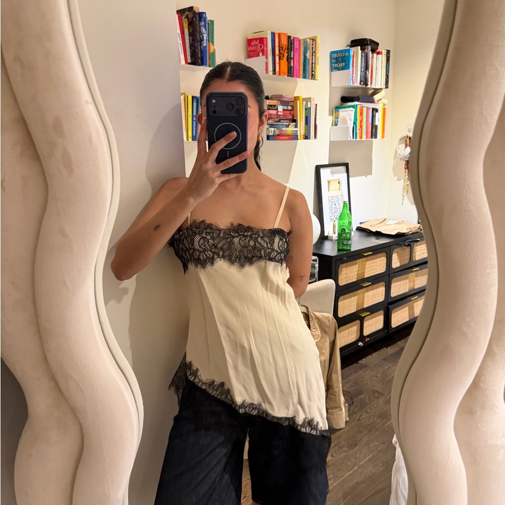 Silk Lace-Trim Camisole Top in Cream and Black